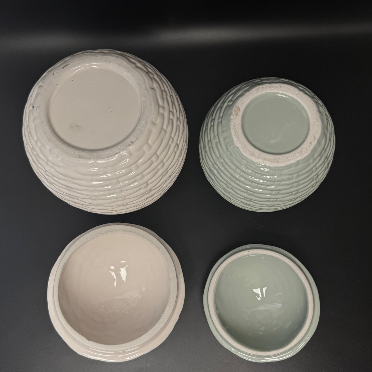 2 vintage opbevaringskrukker i flettet kurvemønster i keramik
