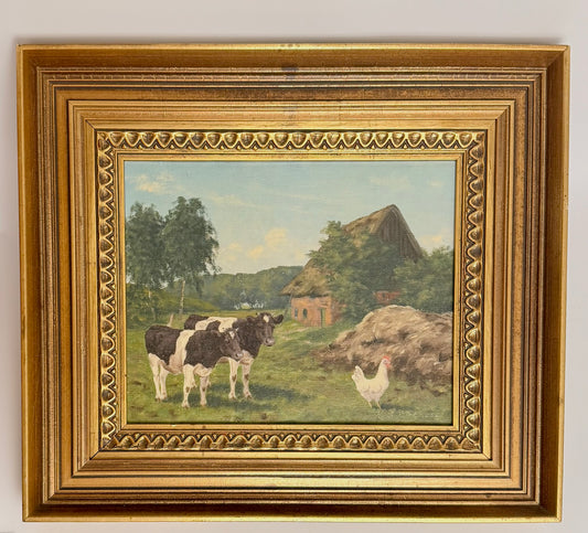 Originalgemälde von Kay Birkmose mit dänischem Landwirtschaftsmotiv in vergoldetem Rahmen