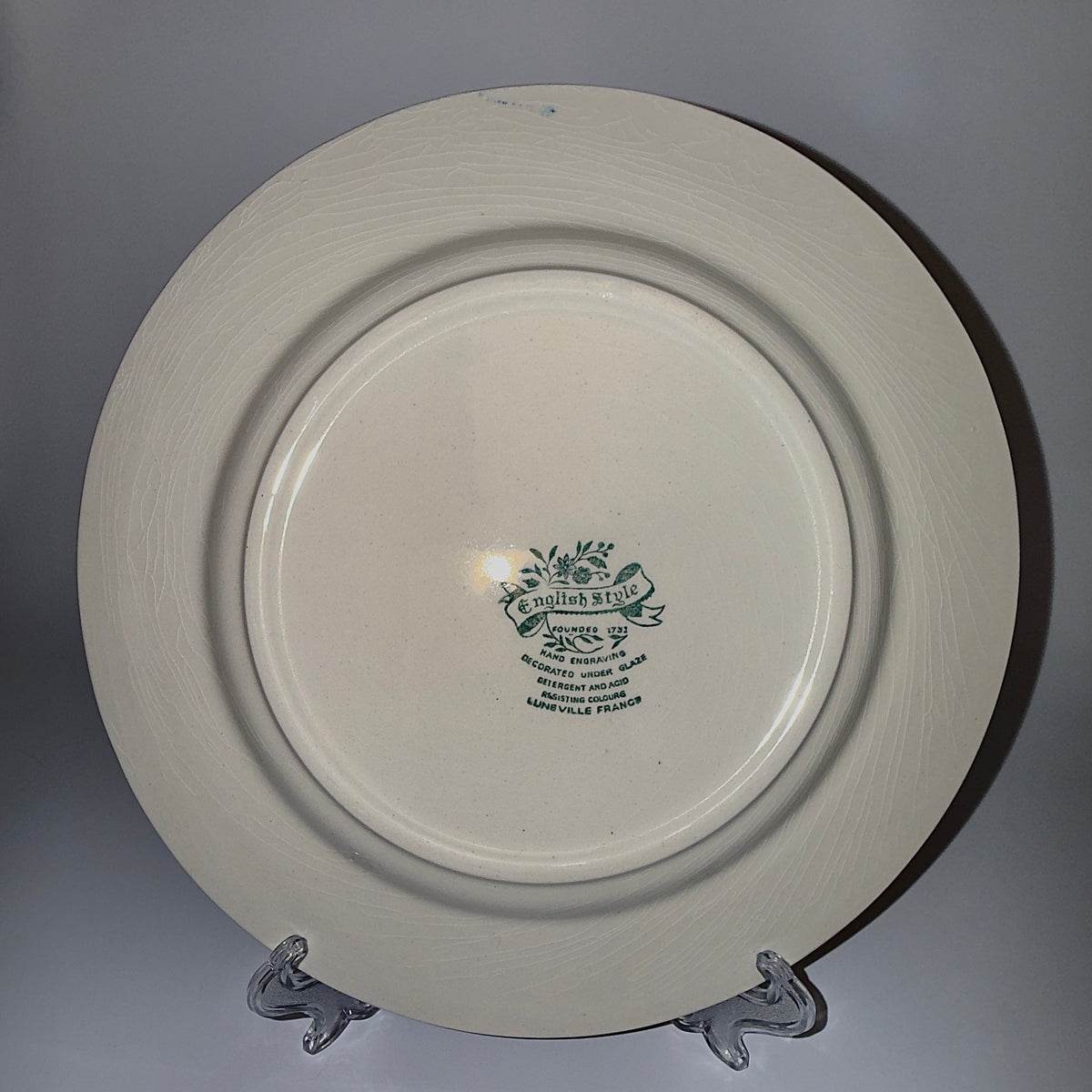 Fransk fajancetallerken – blå/hvid “English Style” Lunéville France ca. 1950–70