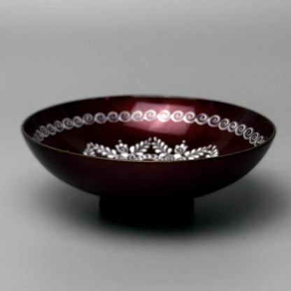 Håndlavet østrigsk emaljeskål på kobber – rubinrød med hvid hånddekoration - Frøken Lilly