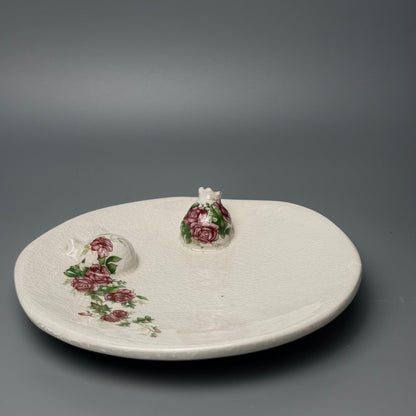 Vintage smykkefad i krakeleret fajance med rosedekor og granatæbler - midcentury - Frøken Lilly